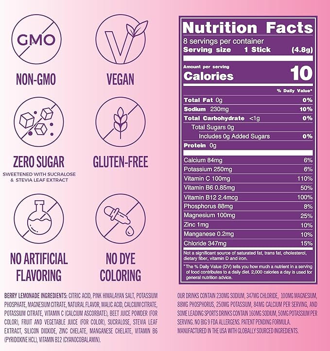 TREVI™ Sugar Free Electrolytes - Drink Mix Hydration Powder Packets - 8 Count - Berry Lemonade