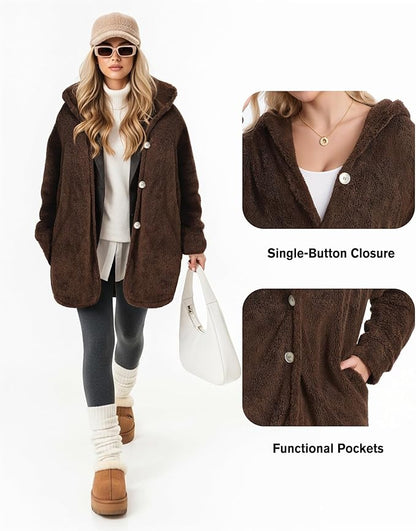 MANGOPOP Womens Fleece Jacket 2025 Winter Oversized Fuzzy Hooded Coat Button Cardigan Sherpa Sweaters Outerwear with Pockets