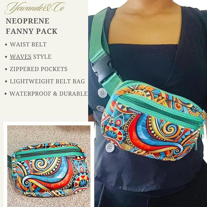Yewande&co Neoprene Fanny Pack Belt Bag – Lightweight Waterproof Waist Bag with Adjustable Strap, 3 Zippered Pockets, Crossbody Belt Bag for Travel, African Design Crossbody Bags (Waves)