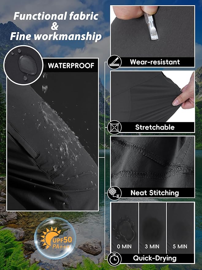 Mens Hiking Pants Lightweight Cargo Work Tactical Nylon Stretch Waterproof Quick Dry Fishing Travel Outdoor 6 Pockets