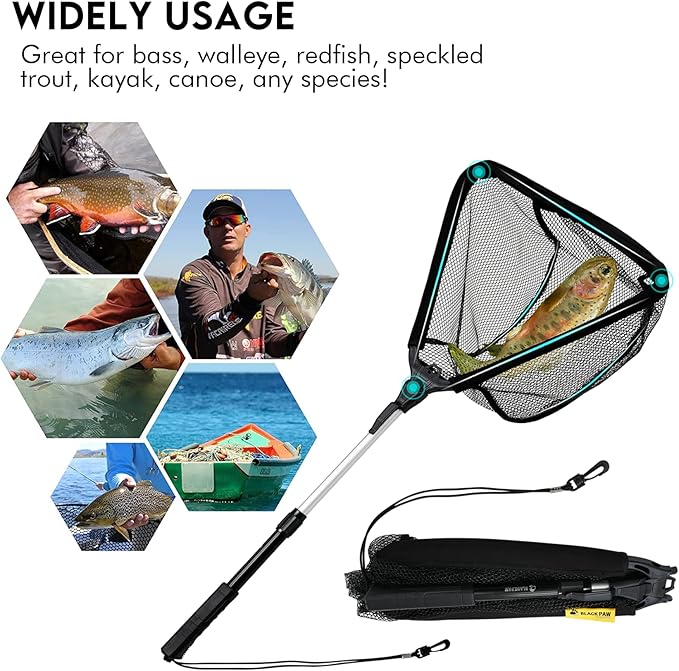 Black Paw Floating Fishing Net Foldable Telescopic Fish Landing Net with Built in Length Scale Rubber Coated for Kayak, Fly, Trout