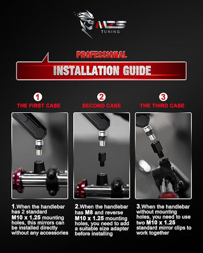 MZS Adventure Motorcycle Mirrors, 10mm 8mm Foldable Motorbike Rear View Handlebar Side Mirror with Aluminum Mount Black Fit for Street Dirt Electric Bike Ebike Scooter ATV Quad