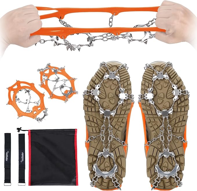 Crampons 19 Spikes with Stainless Steel Chain Ice Snow Grips Traction Cleats System Safe Protect for Walking, Jogging, Climbing, Hiking on Snow and Ice, Boots Chains for Women Men