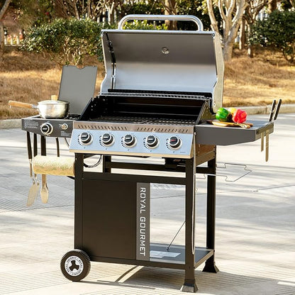 Royal Gourmet GA5406TS 5 Burner Propane Gas Grill with Side Burner and Sear Burner, Cart Style Gas BBQ Grill with Porcelain-Enameled Cast Iron Grates for Backyard Cooking, Silver & Black