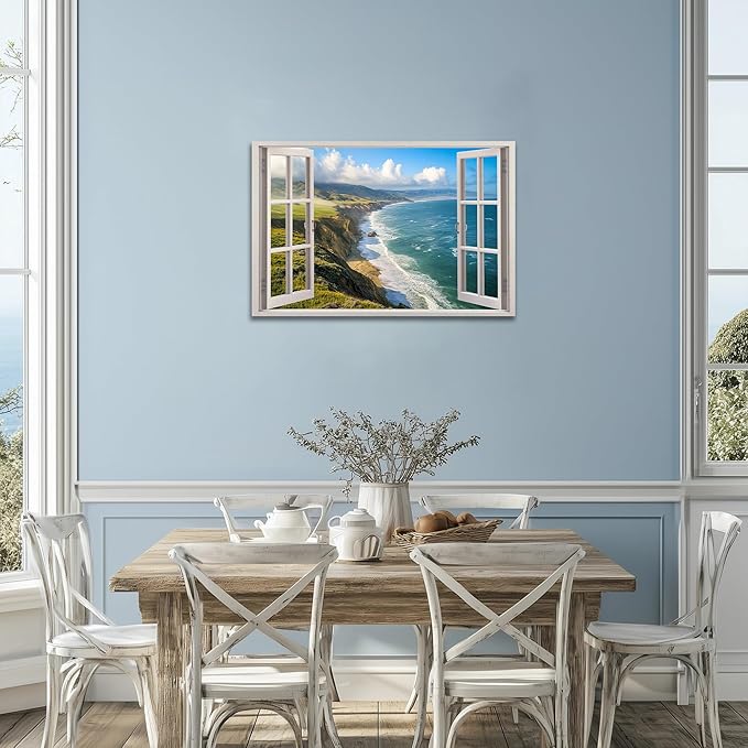 ANRUOXI Beach Window Canvas Wall Art, Enclosed Bedroom Living Room Ocean Coastal Channel Scene Picture, Tropical Sea Landscape Painting Print Artwork Horizontal Seascape Artwork for Bedroom 24x36 Inch