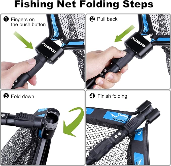 PLUSINNO Floating Fishing Net for Steelhead, Salmon, Fly, Kayak, Catfish, Bass, Trout Fishing, Rubber Coated Landing Net for Easy Catch & Release, Compact & Foldable for Easy Transportation & Storage