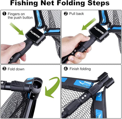 PLUSINNO Floating Fishing Net for Steelhead, Salmon, Fly, Kayak, Catfish, Bass, Trout Fishing, Rubber Coated Landing Net for Easy Catch & Release, Compact & Foldable for Easy Transportation & Storage