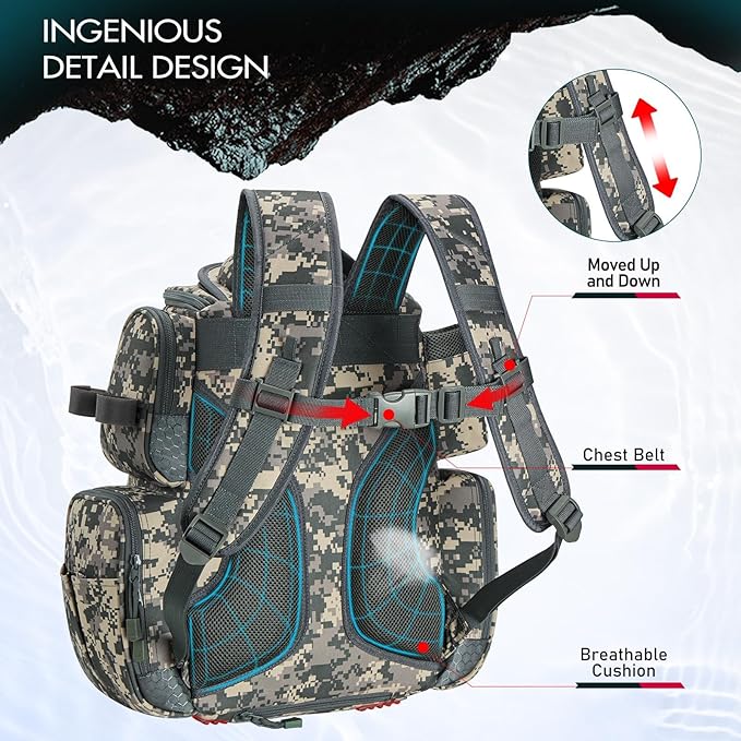 Piscifun Fishing Backpack with 2 Rod Holders & 4 Tackle Boxes, Large Tackle Storage Bag With Rain Cover for Fishing Gear