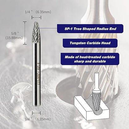 SF-1 Tree Shape Tungsten Carbide Rotary Burr, Double Cut Solid Carbide Rotary Burr Set 1/4" Shank,4pcs for Die Grinder Drill,Metal Carving, Polishing,Engraving,Drilling by LU&MN