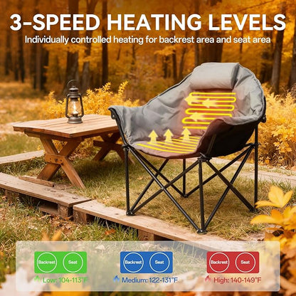 Oversized Heated Camping Chairs, 3 Heating Level for Back and Seat, Portable & Folding Camping Chair with Pillow for Outdoor Sports, Fishing, Patio, Picnics, Battery Not Included, Gray