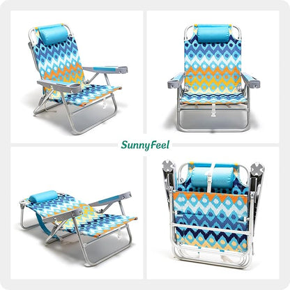 SUNNYFEEL Extra Wide 28" Low Beach Chair 5 Position Lay Flat, XL Oversized Portable Folding Camping Chairs with Cup Holder for Outdoor/Trip, Lightweight Foldable Backpack Beach Chair for Adults