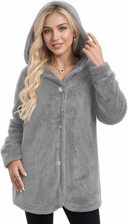 MANGOPOP Womens Fleece Jacket 2025 Winter Oversized Fuzzy Hooded Coat Button Cardigan Sherpa Sweaters Outerwear with Pockets