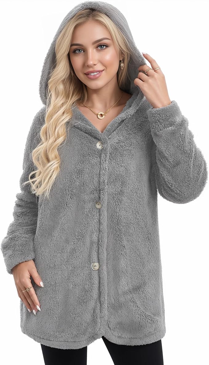 MANGOPOP Womens Fleece Jacket 2025 Winter Oversized Fuzzy Hooded Coat Button Cardigan Sherpa Sweaters Outerwear with Pockets