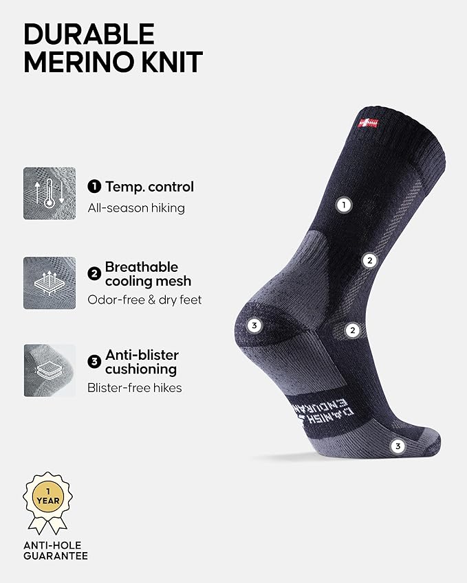 DANISH ENDURANCE Merino Wool Hiking Crew Socks for Men & Women, Cushioned Anti-Blister, Breathable - 3 Pairs