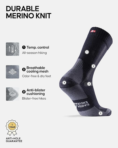 DANISH ENDURANCE Merino Wool Hiking Crew Socks for Men & Women, Cushioned Anti-Blister, Breathable - 3 Pairs