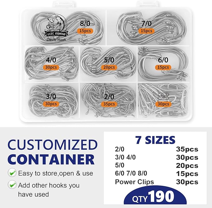 UCEC Circle Hooks Fishing Hooks 2X Strong Offset Circle Hooks Saltwater Black High Carbon Steel Octopus Catfish Fishing Hooks Fishing Gear Tackle 150pcs/ 240pcs - Size:#1 1/0 2/0 3/0 4/0 5/0 6/0 8/0