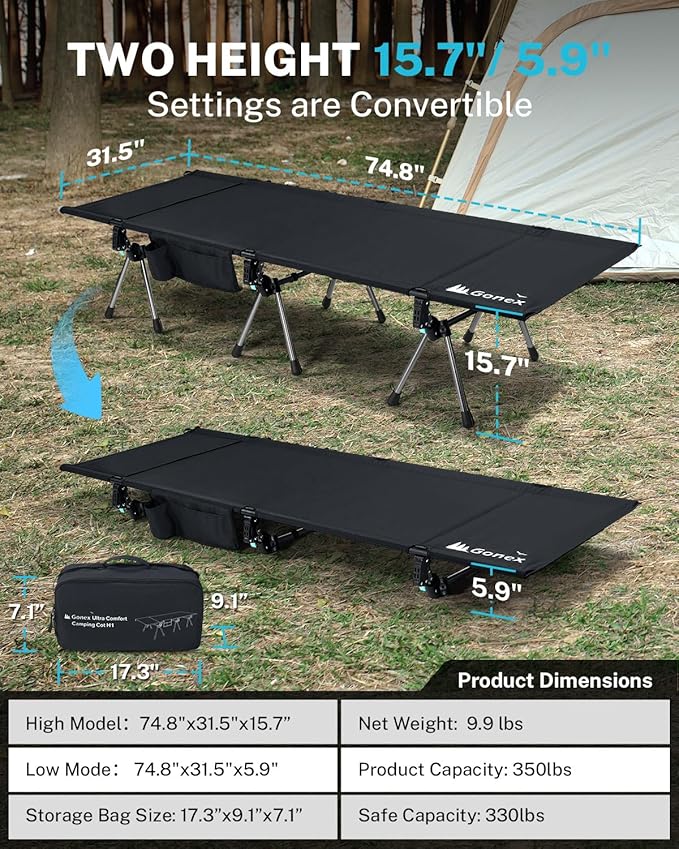 Gonex 31.5" Extra Wide Camping Cot with Leg Extenders 2 in 1 Portable Folding Cot for Adults Height Adjustable Supports 350lbs Sleeping Bed for Backpacking Travel Beach Home (Black)