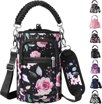 32/40/64/128 oz Neoprene Insulated Water Bottle Carrier Bag, Sling Bag Sleeve Pouch Holder with Strap & Paracord Handle and 2 Pocket for Travelling, Hiking, Camping