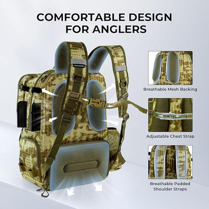 KastKing BaitSpace 50L Fishing Tackle Backpack with Removable Bait Binder,2 Rod Holders Storage Fishing Gear and Equipment