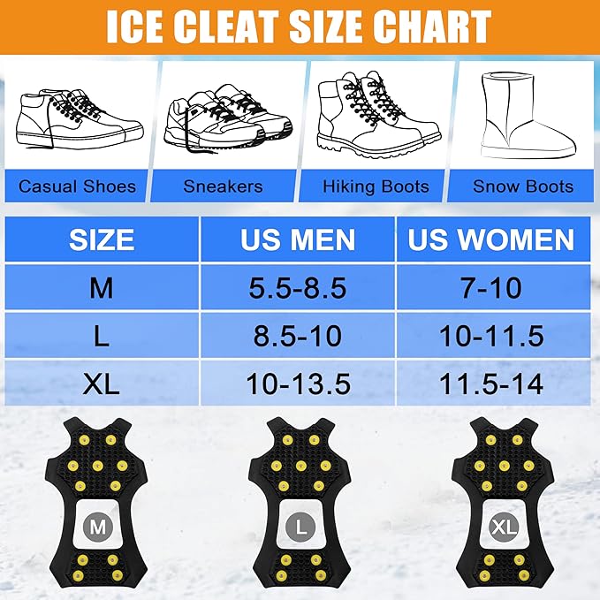 Ice Cleats for Shoes and Boots, Walk Traction Snow Cleats Crampons Anti Slip 11 Studs Ice Shoes Grippers for Women Men Ice Fishing Walking on Snow Ice