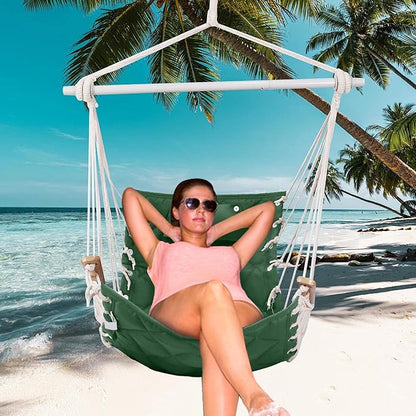 Hammock Chair Hanging Swing with Wooden Armrests;Steel Spreader Bar,Pillows,Hardware kit Included;Cotton Woven ;Up to 350 Lbs,for Indoor Outdoor Green