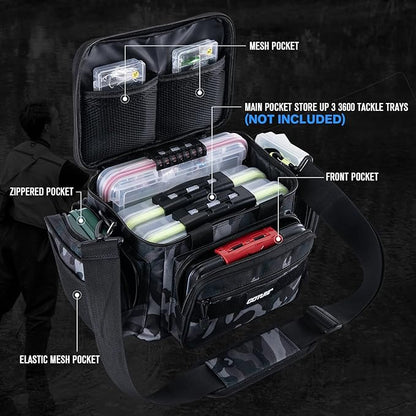 Goture Fishing Tackle Bag, Soft Side 600D Water-Resistant Cross Body Sling Fishing Bag, Small Saltwater Gear Storage Tactical Bags Store Up to 3 3600 Tackle Boxes(Not Included),14.96"x9.06"x7.48"