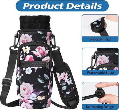 32 40 oz Water Bottle Carrier with Strap, Neoprene Water Bottle Sleeve Bag with 2 Pockets Insulated Flask Sling Holder for Walking Hiking Gym
