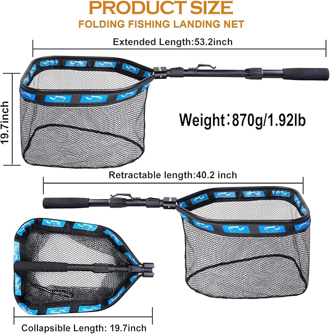 PLUSINNO Floating Fishing Net for Steelhead, Salmon, Fly, Kayak, Catfish, Bass, Trout Fishing, Rubber Coated Landing Net for Easy Catch & Release, Compact & Foldable for Easy Transportation & Storage