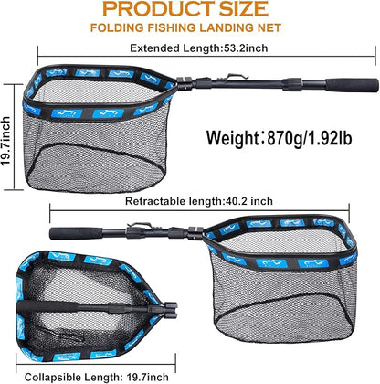 PLUSINNO Floating Fishing Net for Steelhead, Salmon, Fly, Kayak, Catfish, Bass, Trout Fishing, Rubber Coated Landing Net for Easy Catch & Release, Compact & Foldable for Easy Transportation & Storage