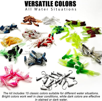 Crappie Lures Tube Lures Jigs Heads Worms Swimbaits Kit, 165, 124, 50 Pcs Pre-Rigged Crappie Jigs Tube Hooks Soft Plastic Grub Worms Baits for Bass Trout Freshwater Saltwater Fishing