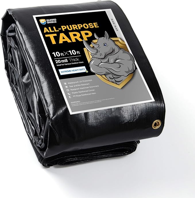 GUARD SHIELD Extreme Heavy Duty Black Poly Tarp 10x10 Feet Cover Waterproof Tarps 20mil Thick UV and Tear Resistant Tarpaulin