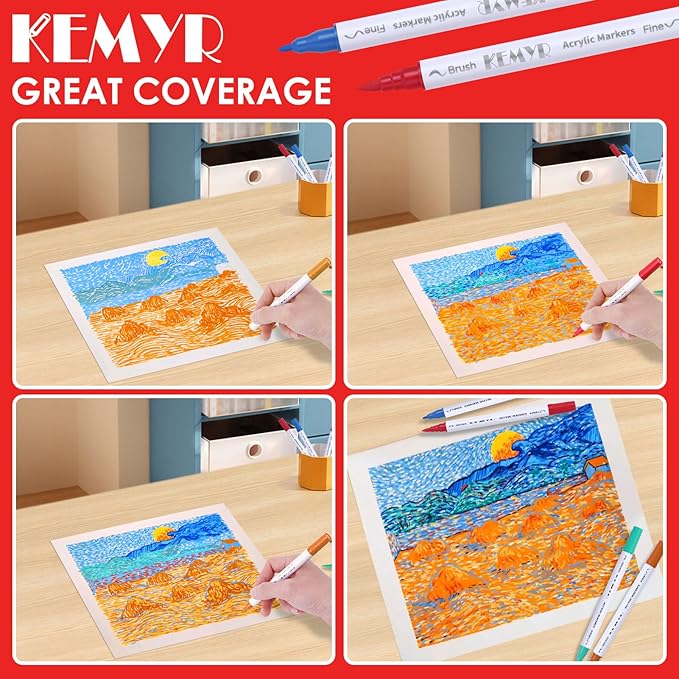 100 Colors Brush & Fine Tip Acrylic Paint Pens, Dual Tip Acrylic Paint Markers for Paper, Wood, Canvas, Stone, Rock, Glass, Fabric, DIY, Ceramic, Art Supplies for Adults Drawing