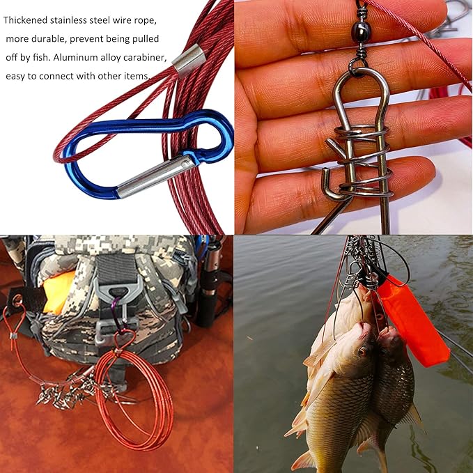 Fish Stringer, Fishing Stringer Clip Live Fish Lock, with High Strength Snaps/Buckles, Big Fish Wire Rope Cable Fishing Holder Kit with Float and Plastic Handle