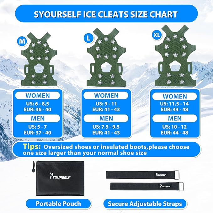 SYOURSELF Ice Cleats, Crampons Ice Cleats for Shoes and Boots Women Men Kids, Non Slip Grippers Spikes for Shoes with Straps, Ice Traction Cleats for Snow and Ice, Hiking, Walking, Fishing, Climbing