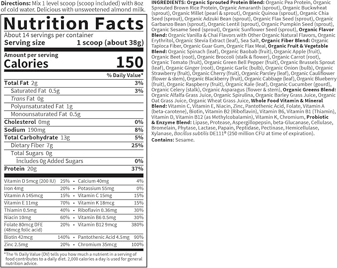 Garden of Life Meal Replacement Shakes, Vegan Protein Powder, Raw Organic Meal, Vanilla Chai Powder with Plant Based Pea Protein, Sprouts, Greens, Probiotics, Dairy Free 14 Servings