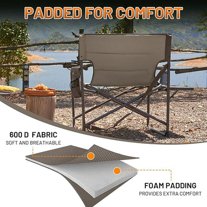 Timber Ridge XXL Director’s Chair – Heavy Duty Folding Chair with Side Table, 500 lb Capacity, Extra Wide Padded Seat for Camping, Sports, Beach, Patio, and Outdoor Use, Tan