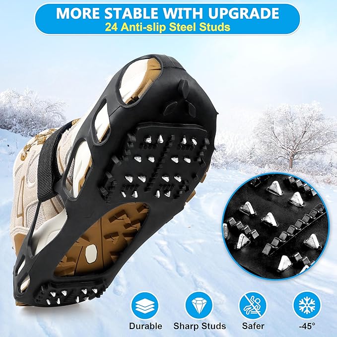 Ice Cleats for Shoes and Boots Walk Traction Crampons Anti Slip 24 Studs Ice Snow Grippers for Women Men Kids Winter Hiking Climbing Fishing Gear