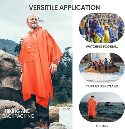 PTEROMY Hooded Rain Poncho for Adult with Pocket, Waterproof Lightweight Unisex Raincoat for Hiking Camping Emergency