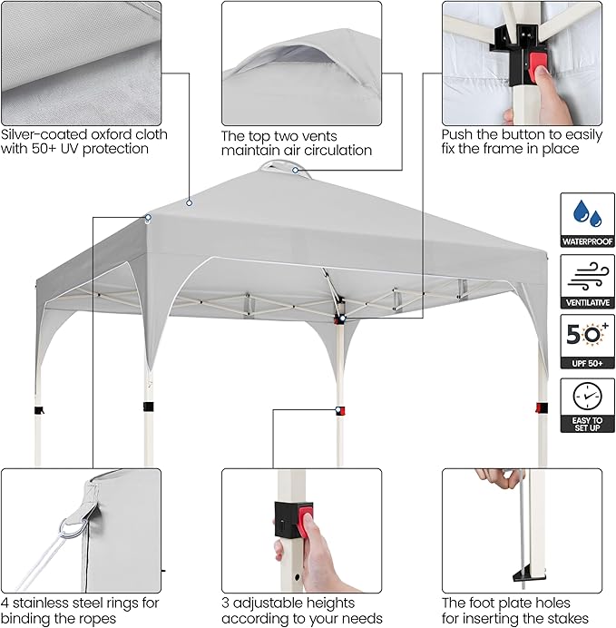 Yaheetech 10x10 Pop Up Canopy Tent with Vent, Easy Set Up Tent, Instant Sun Shelter Canopy with Wheeled Bag, 4 Sandbags, 12 Stakes & 4 Ropes, for Parties, Beach, Outdoor, Light Gray