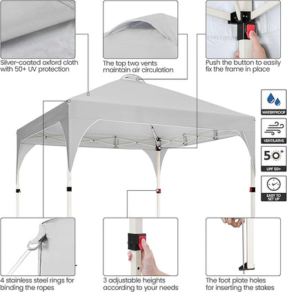 Yaheetech 10x10 Pop Up Canopy Tent with Vent, Easy Set Up Tent, Instant Sun Shelter Canopy with Wheeled Bag, 4 Sandbags, 12 Stakes & 4 Ropes, for Parties, Beach, Outdoor, Light Gray