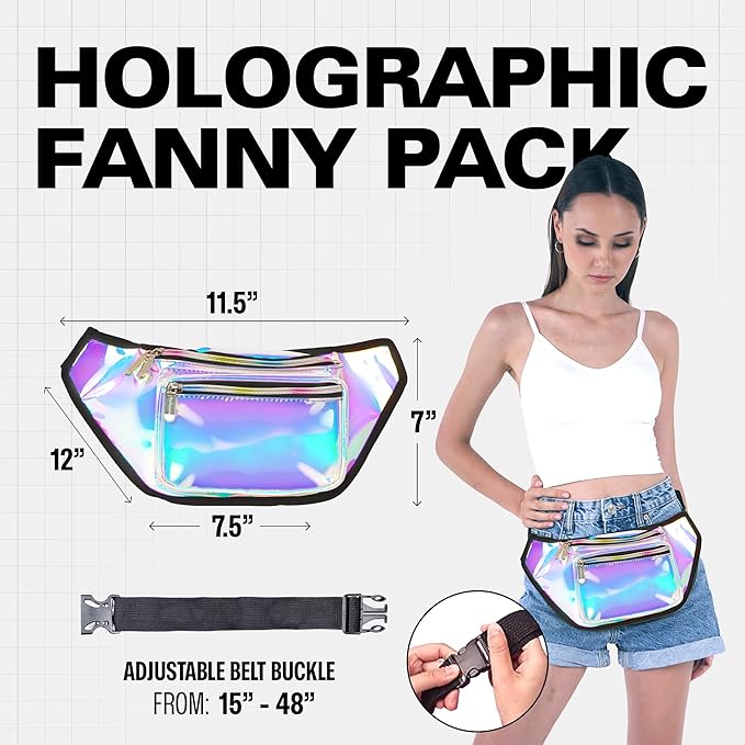 Holographic Fanny Pack Belt bag - Crossbody Waist Bag for Men or Women - Hands-Free, Waterproof Large Bumbag for Hiking, Running, and Travel (Luminous)