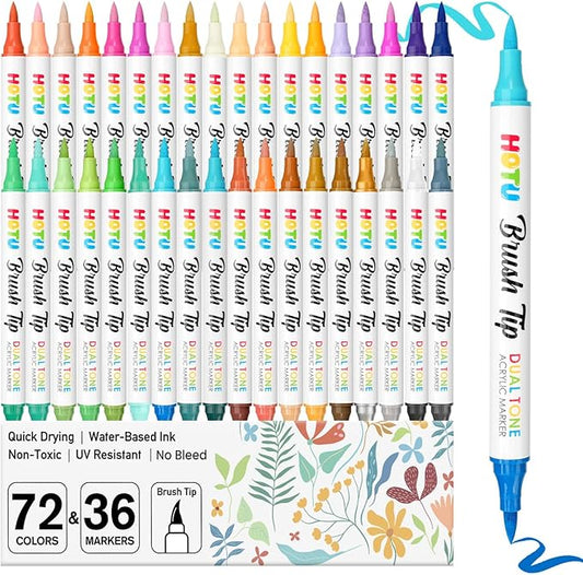 Acrylic Paint Markers Brush Tip 8/18/36, 3X 6.6g Large Capacity,Visible Ink Window,Free Flow Ink,No-Bleed Waterproof Paint Pens for Canvas, Fabric, Rock, Wood, Egg, Paper,DIY Crafts (72 colors-A)