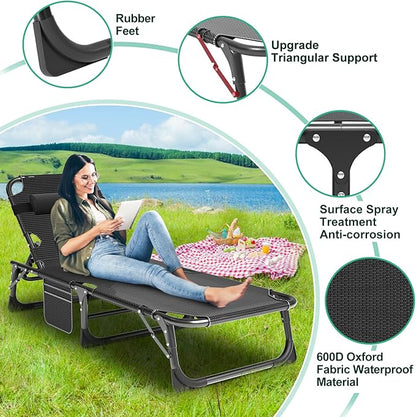 LILYPELLE Folding Outside Chaise Lounge Chair with Mattress, 5 Position Adjustable Patio Folding Lounge Chair Reclining Chairs Perfect for Outside, Sunbathing, Camping, Pool, Beach, Patio, Noble Gray