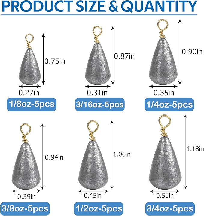 Fishing Weights Sinker Kit-30pcs Assorted Bass Casting Sinker Weights Bell Sinkers Drop Shot Weights with Brass Swivels for Saltwater Freshwater Fishing