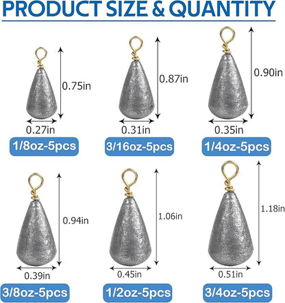 Fishing Weights Sinker Kit-30pcs Assorted Bass Casting Sinker Weights Bell Sinkers Drop Shot Weights with Brass Swivels for Saltwater Freshwater Fishing