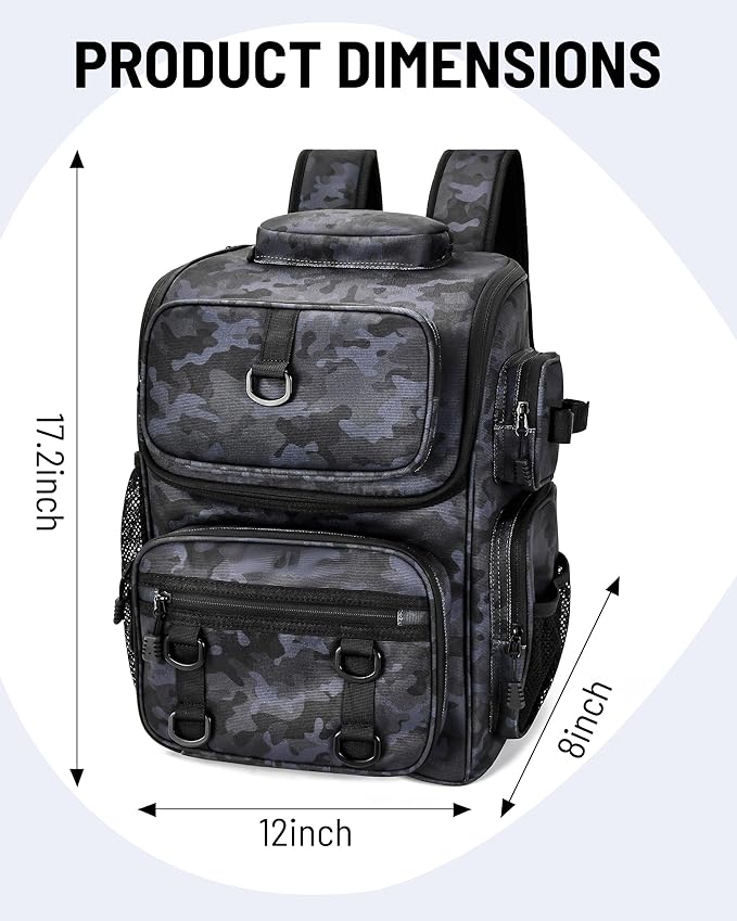 HowFly Fishing Backpack with Rod & Beverage Holders, Lightweight Fishing Tackle Bag Storage, Mens Waterproof Tactical Backpack for Fishing Gear