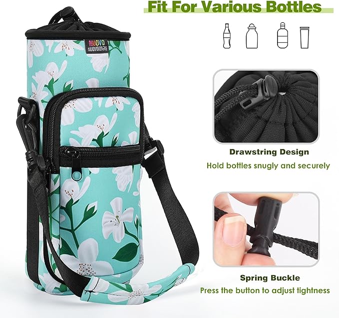 Nuovoware Water Bottle Carrier Bag,25oz/40oz/64oz Bottle Pouch Holder,Adjustable Shoulder Hand Strap 2 Pocket Sling Neoprene Sleeve Sports Accessories for Hiking Travelling Camping