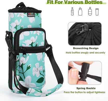 Nuovoware Water Bottle Carrier Bag,25oz/40oz/64oz Bottle Pouch Holder,Adjustable Shoulder Hand Strap 2 Pocket Sling Neoprene Sleeve Sports Accessories for Hiking Travelling Camping