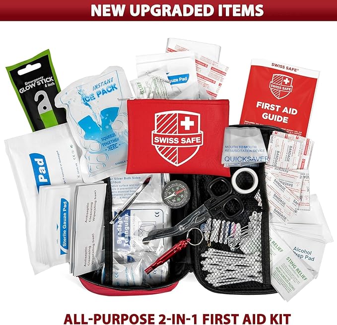 Swiss Safe 2-in-1 First Aid Kit for Car, Travel & Home, Businesses - Bonus Mini Kit for Medical Emergency Aid, Survival, Camping - 120+32 Pcs, Small+Travel FAK