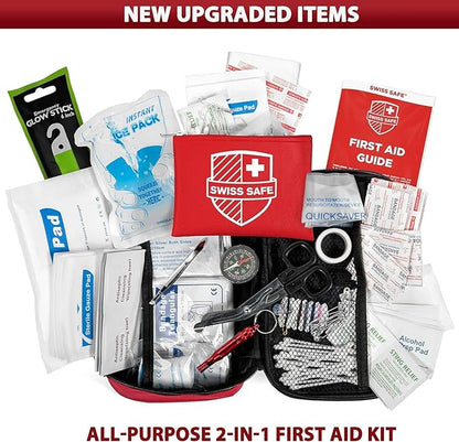 Swiss Safe 2-in-1 First Aid Kit for Car, Travel & Home, Businesses - Bonus Mini Kit for Medical Emergency Aid, Survival, Camping - 120+32 Pcs, Small+Travel FAK
